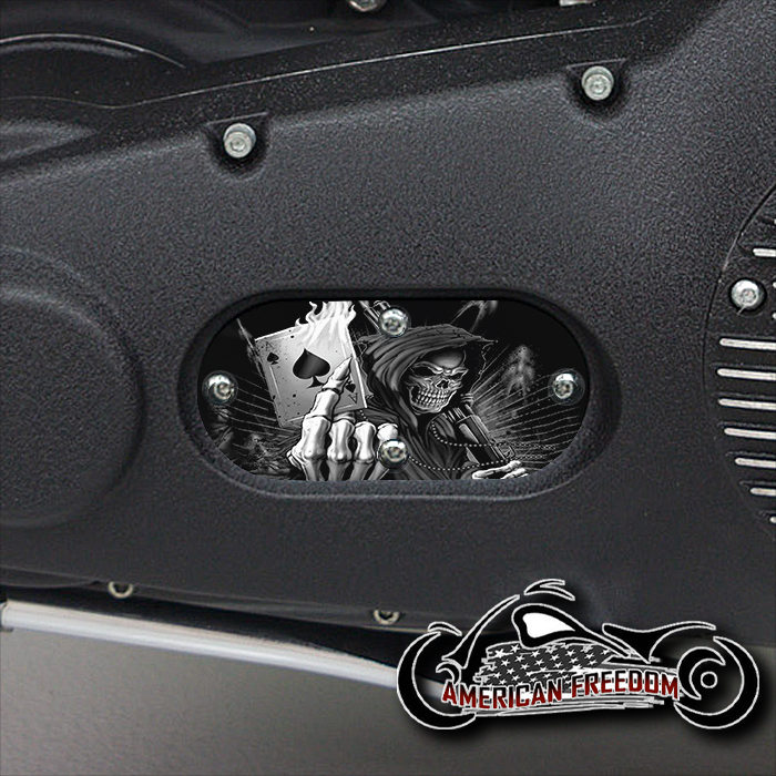 Custom Oval Inspection Cover - Reaper With Flaming Ace Card B&W