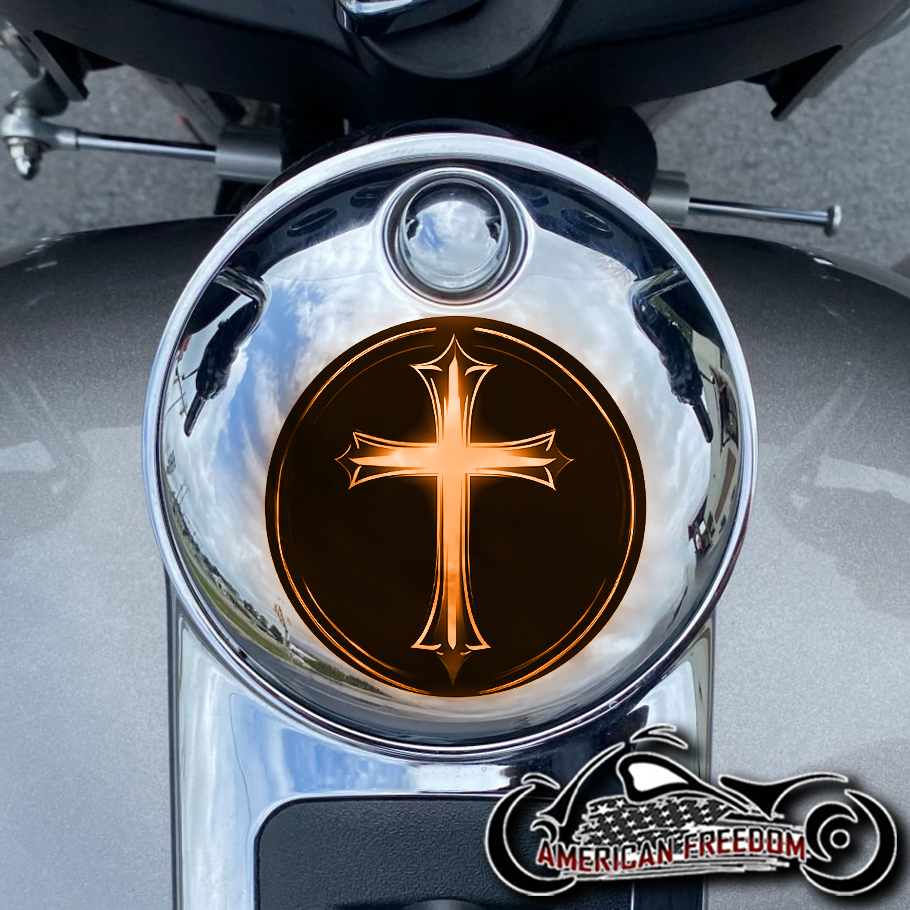Chrome Harley Davidson Fuel Door - Glowing Cross Orange