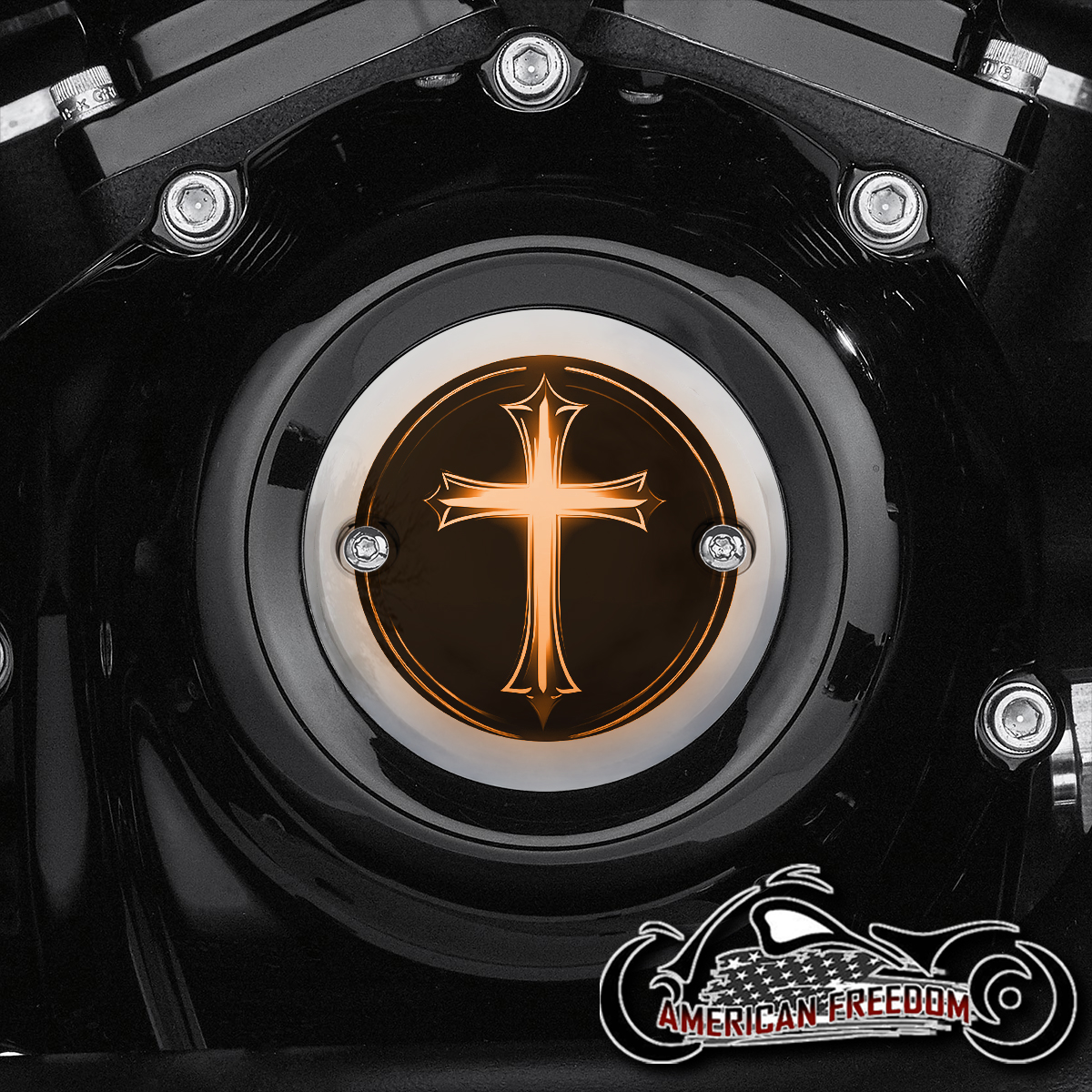Chrome Harley Davidson Timing Cover - Glowing Cross Orange