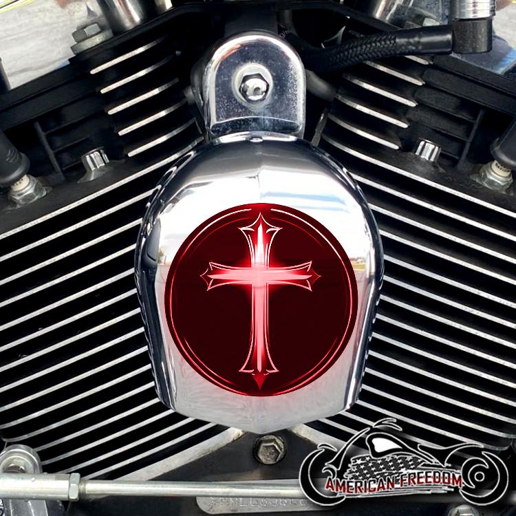 Chrome Harley Davidson Horn Cover - Glowing Cross Red