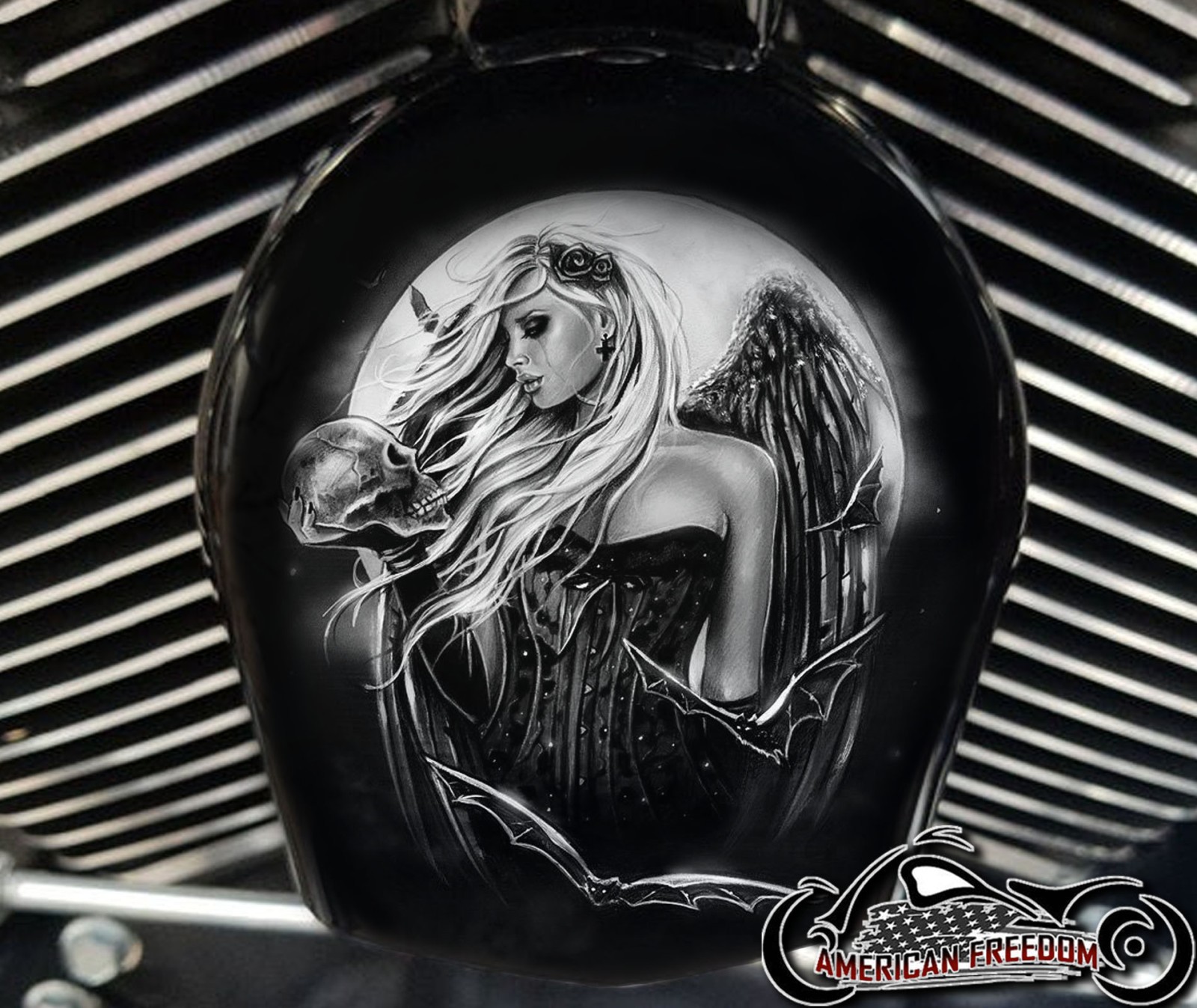 Custom Horn Cover - Skull and Moon ( Grayscale )